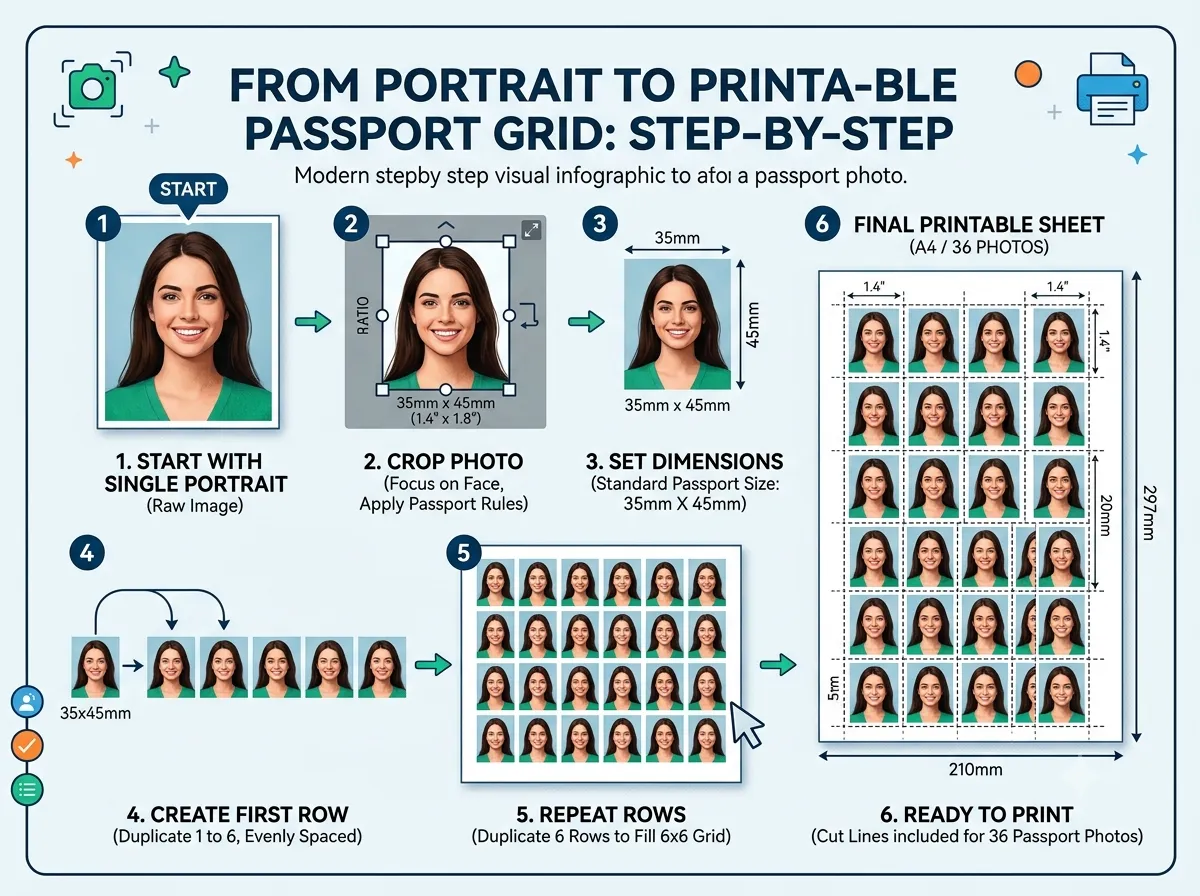 Passport size photo A4 paper par print karein (Demo)